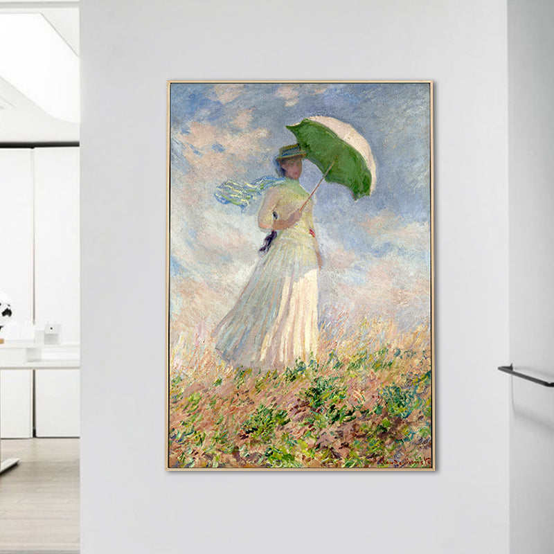 Monet Painting Canvas Print for Home Woman with A Parasol Wall Art in Blue, Texture