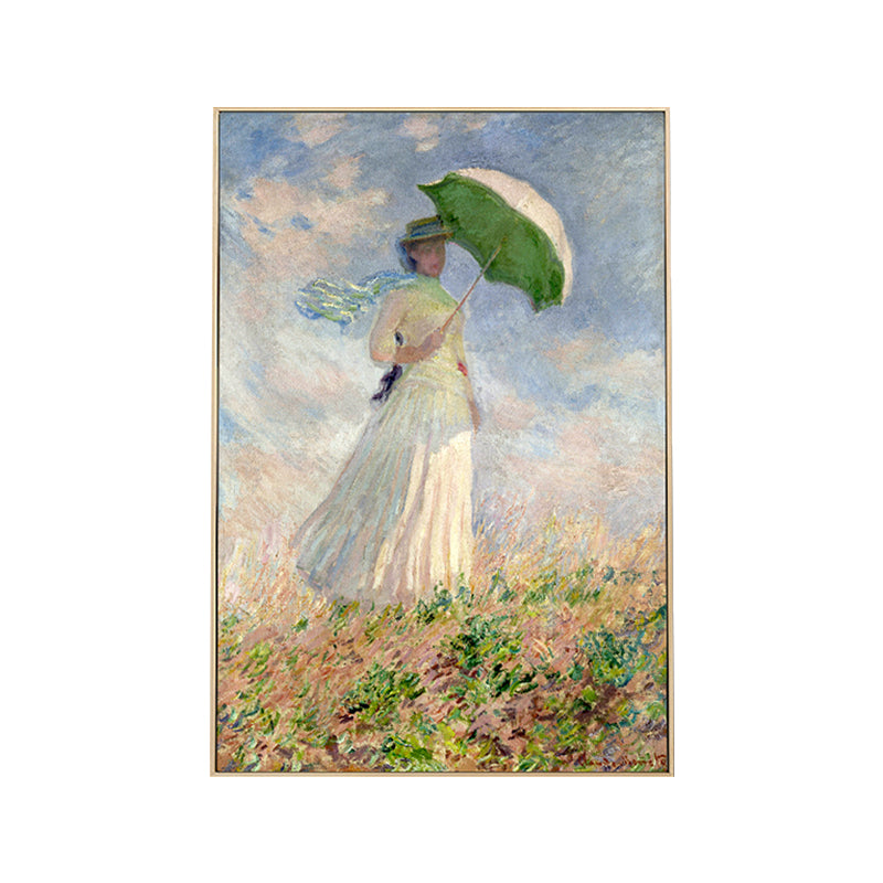 Monet Painting Canvas Print for Home Woman with A Parasol Wall Art in Blue, Texture