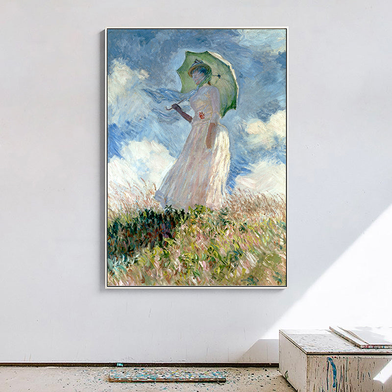 Monet Painting Canvas Print for Home Woman with A Parasol Wall Art in Blue, Texture