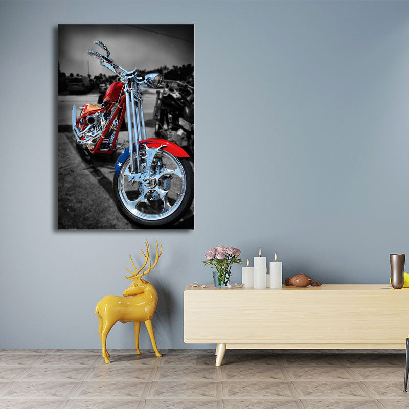 Red Motorbike Wall Art Decor Traffic Contemporary Textured Canvas for Boys Bedroom