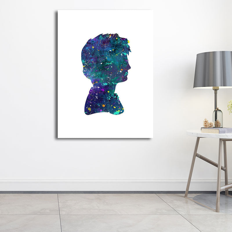 Textured Blue Wall Art Minimalism Figure Side Face Watercolor Canvas Print for Living Room