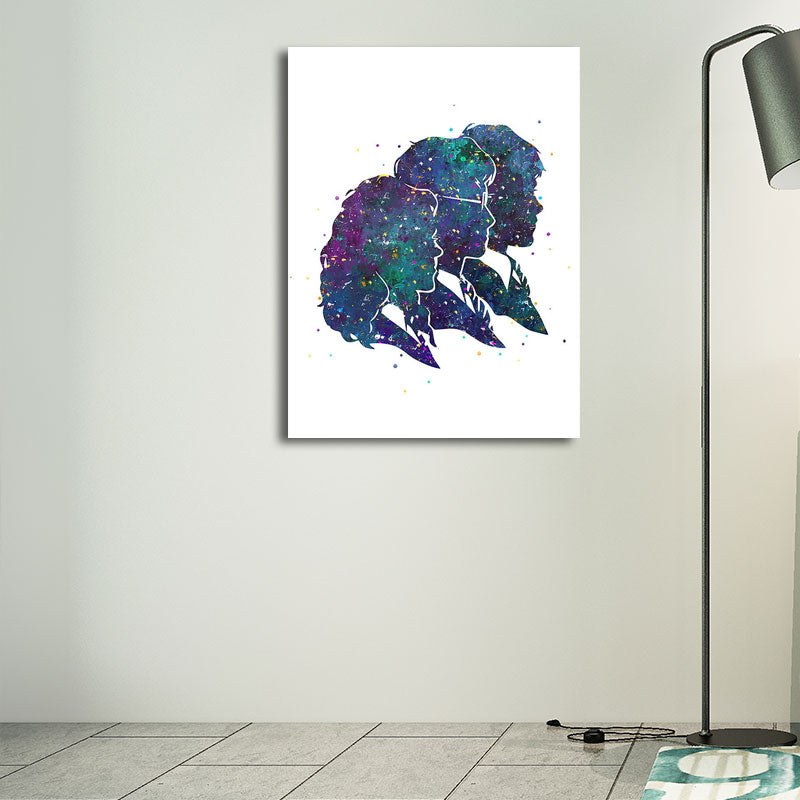 Textured Blue Wall Art Minimalism Figure Side Face Watercolor Canvas Print for Living Room