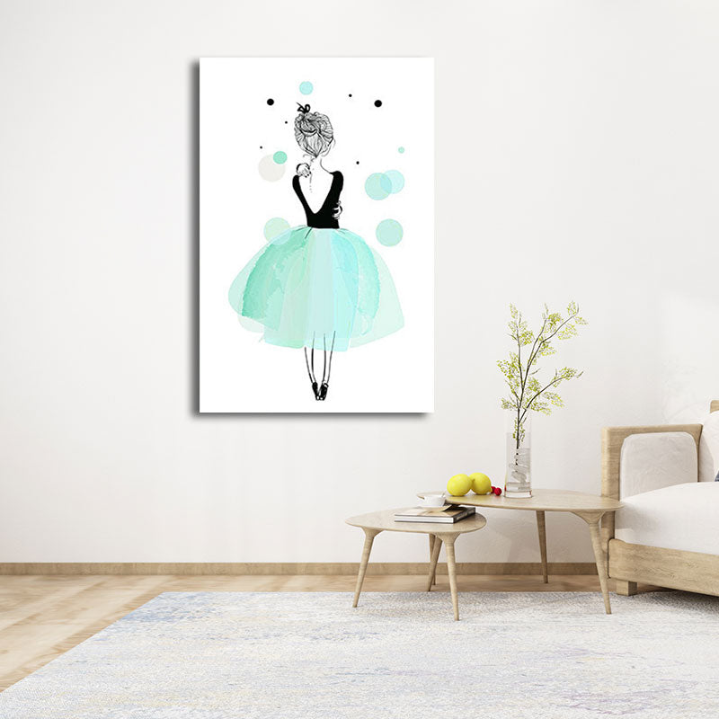 Back of Ballerina Watercolor Canvas Modern Textured Wall Art Print in Green for Girls Room