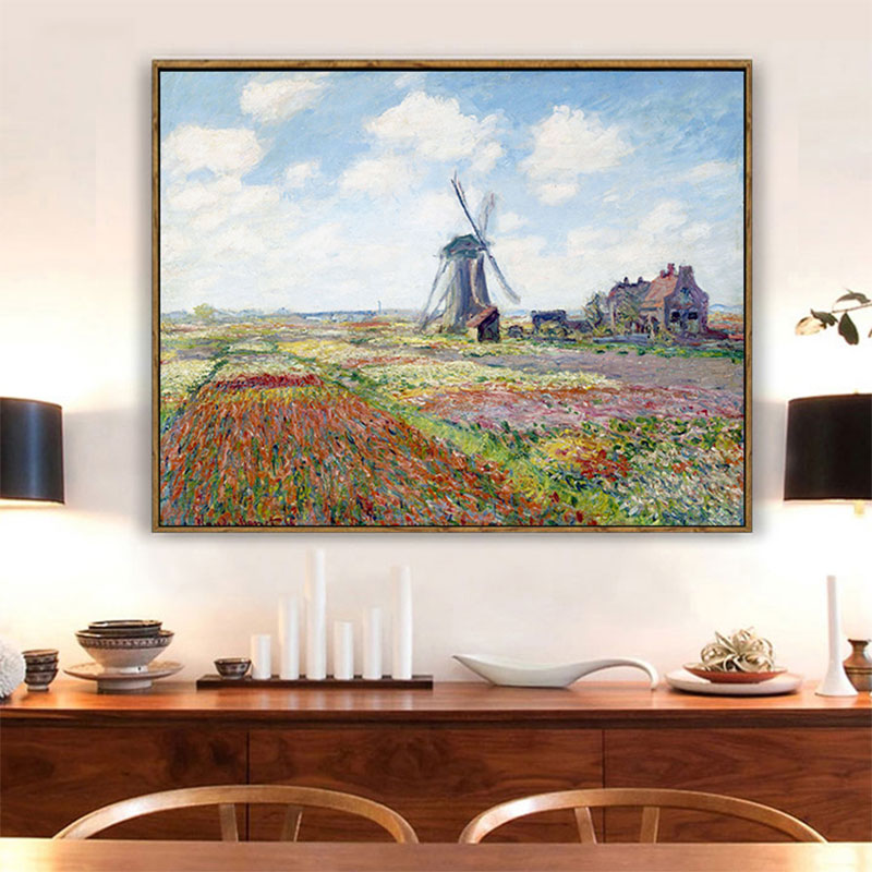Windmill and Blossom Field Canvas Wall Art Traditional Textured Painting in Blue