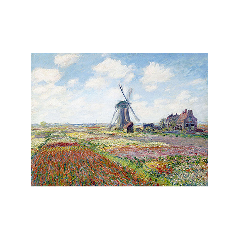 Windmill and Blossom Field Canvas Wall Art Traditional Textured Painting in Blue