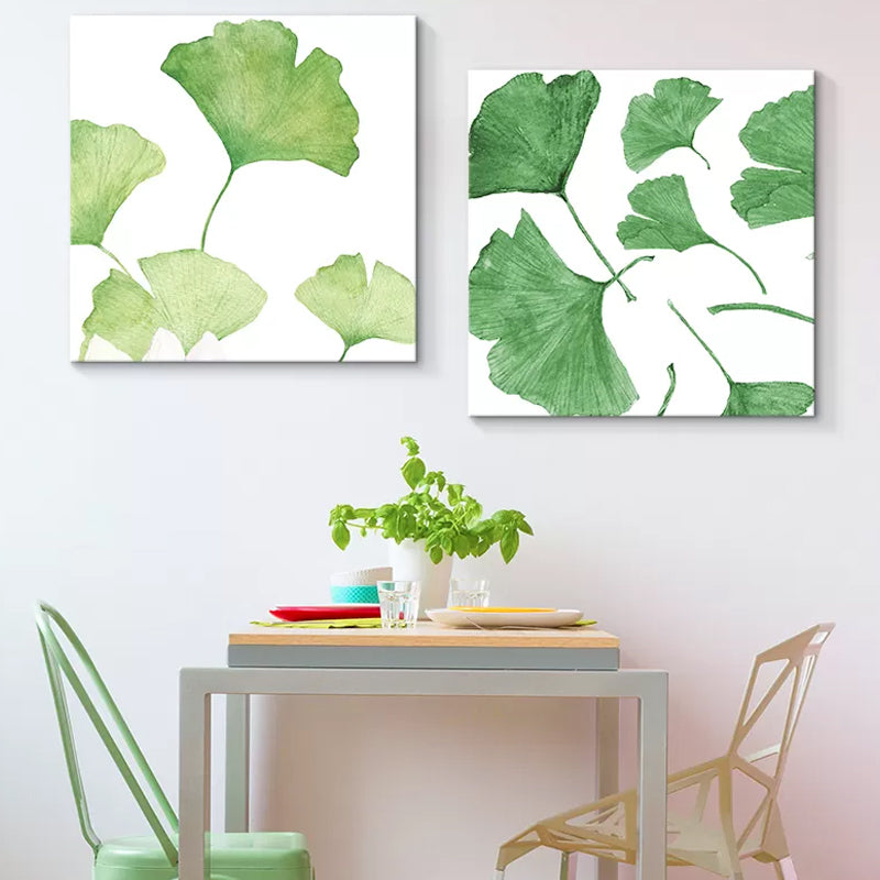 Ginkgo Leaf Painting Wall Art Green Canvas Wall Decoration for Home, Set of 2