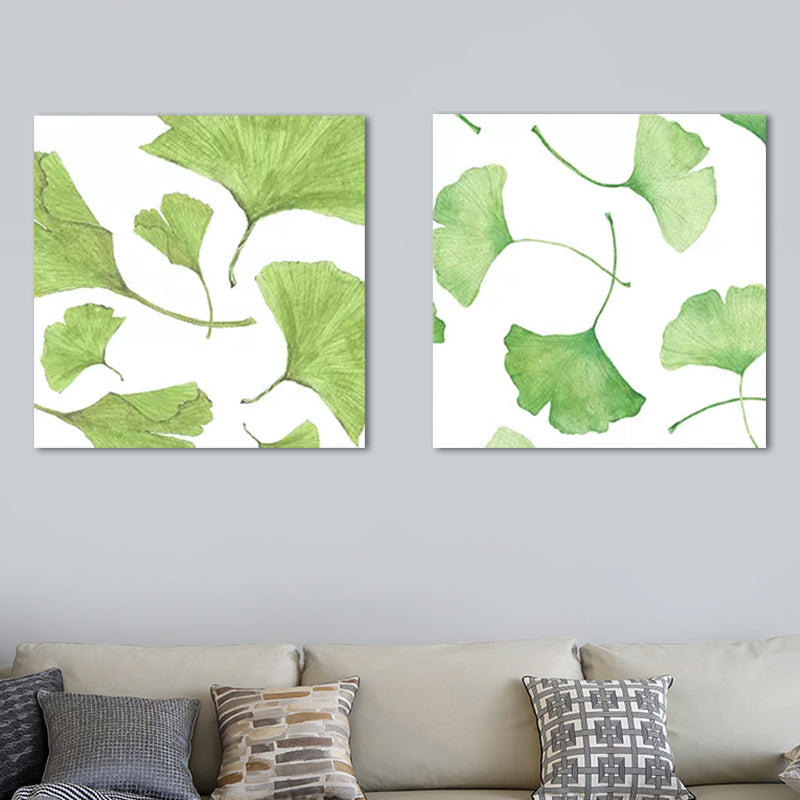 Ginkgo Leaf Painting Wall Art Green Canvas Wall Decoration for Home, Set of 2