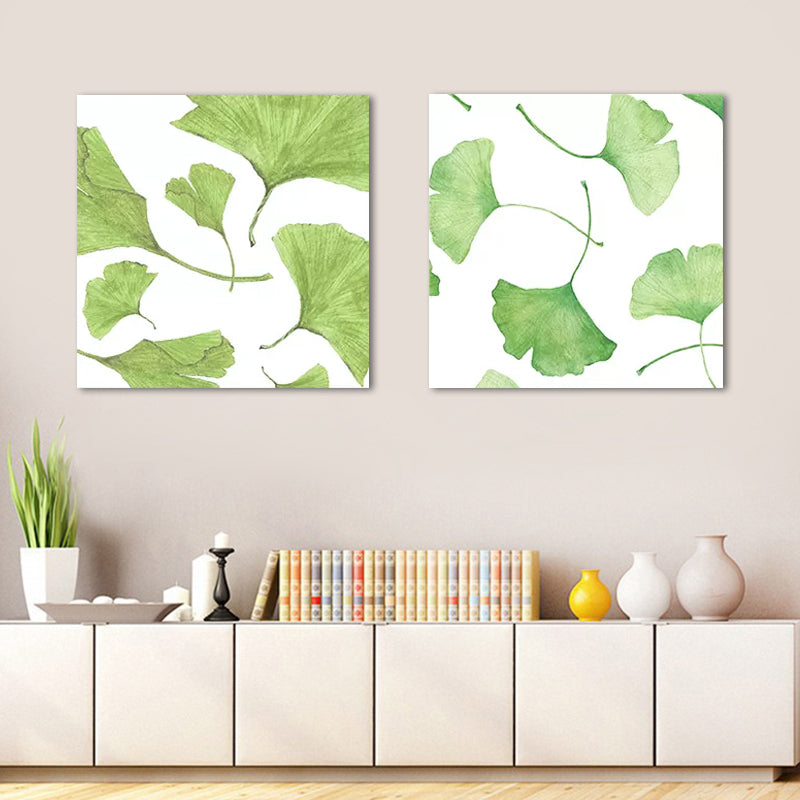 Ginkgo Leaf Painting Wall Art Green Canvas Wall Decoration for Home, Set of 2