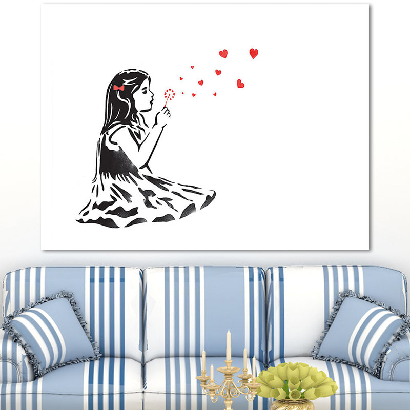 Little Girl Playing Dandelion Canvas in Red Modern Style Wall Art for Bedroom