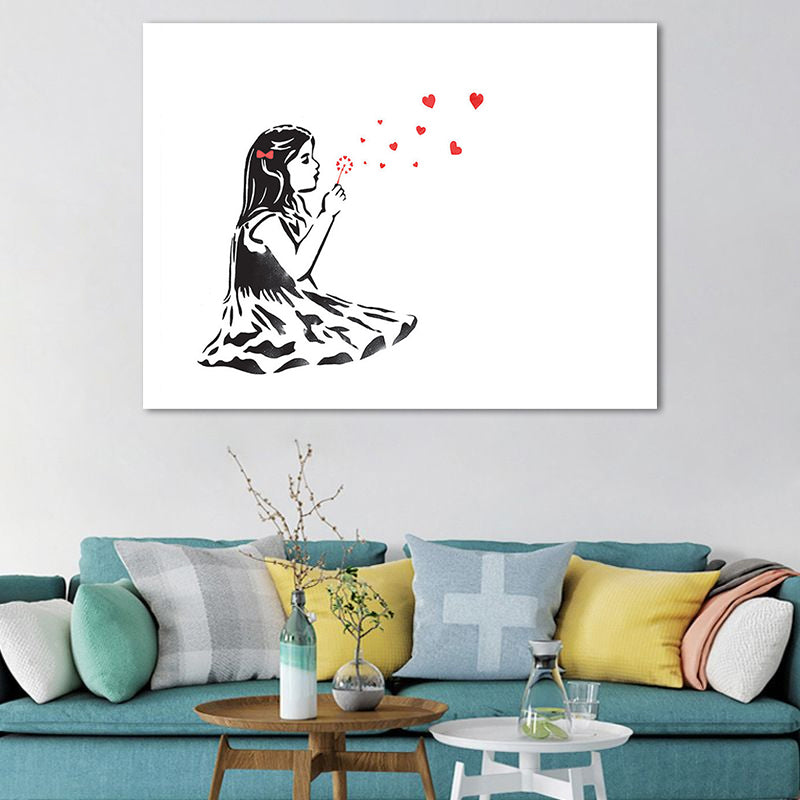 Little Girl Playing Dandelion Canvas in Red Modern Style Wall Art for Bedroom