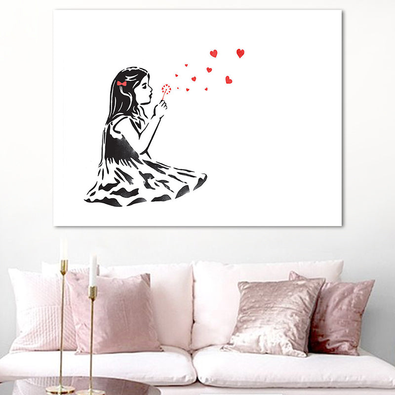 Little Girl Playing Dandelion Canvas in Red Modern Style Wall Art for Bedroom