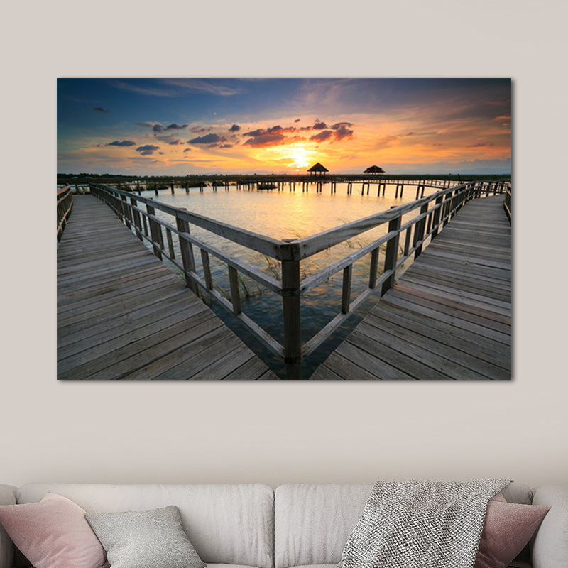 Modern Bridge and Seascape Art Print Light Color Textured Wall Decor for Sitting Room