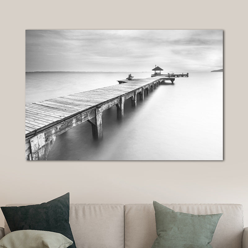 Modern Bridge and Seascape Art Print Light Color Textured Wall Decor for Sitting Room