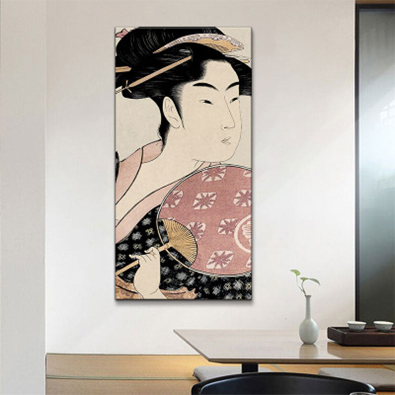 Japanese Ukiyoe-E Woman Painting Canvas Textured Pastel Color Wall Art for Tearoom