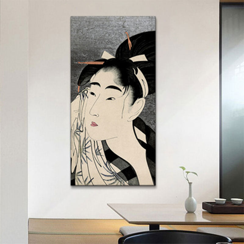 Japanese Ukiyoe-E Woman Painting Canvas Textured Pastel Color Wall Art for Tearoom