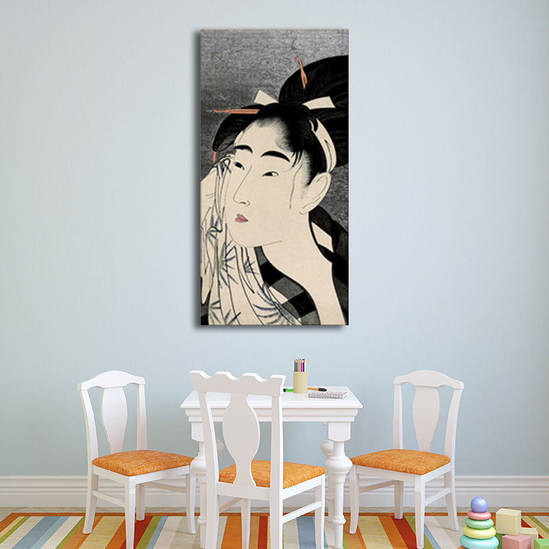 Japanese Ukiyoe-E Woman Painting Canvas Textured Pastel Color Wall Art for Tearoom