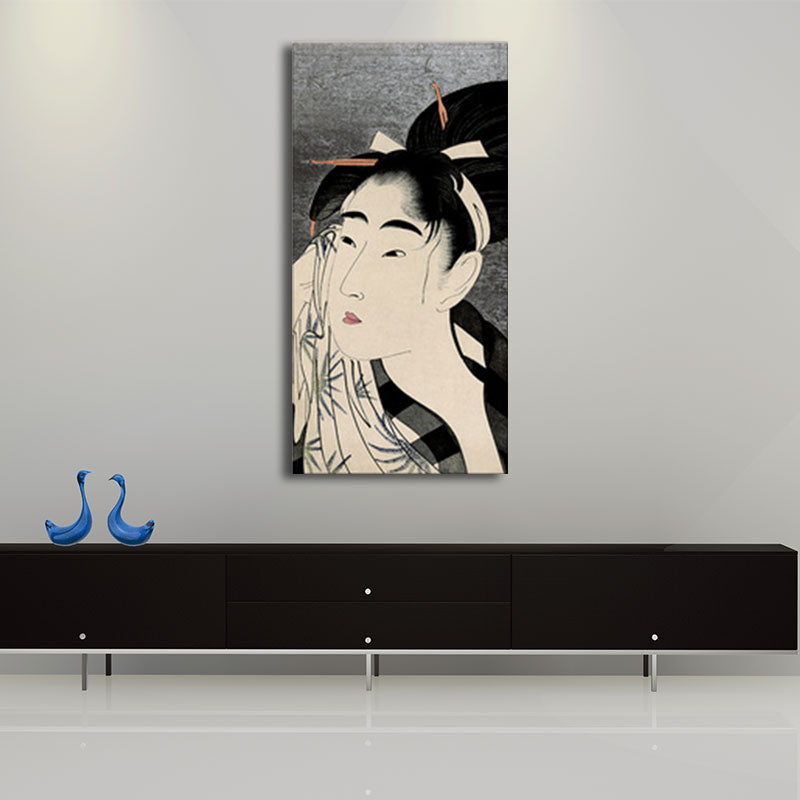 Japanese Ukiyoe-E Woman Painting Canvas Textured Pastel Color Wall Art for Tearoom