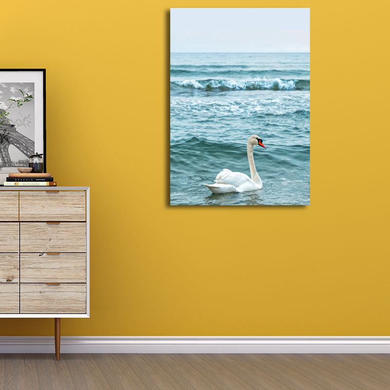 Modern Ocean Swan Canvas Print Blue and White Textured Wall Art for Bedroom