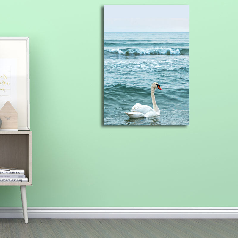 Modern Ocean Swan Canvas Print Blue and White Textured Wall Art for Bedroom