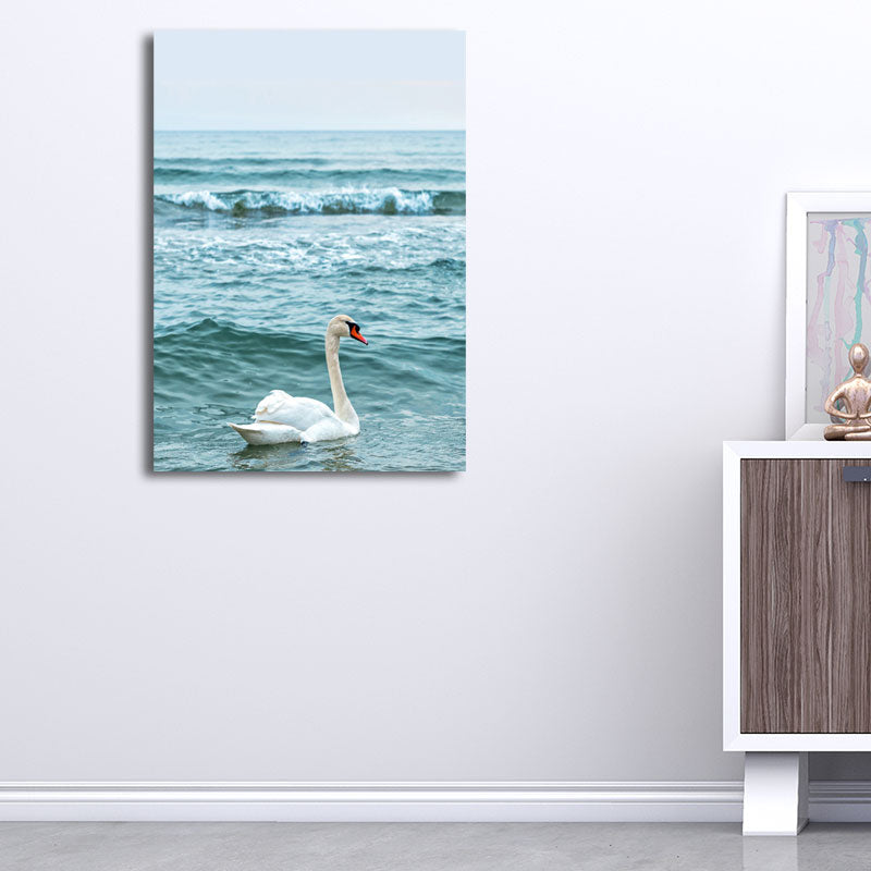 Modern Ocean Swan Canvas Print Blue and White Textured Wall Art for Bedroom