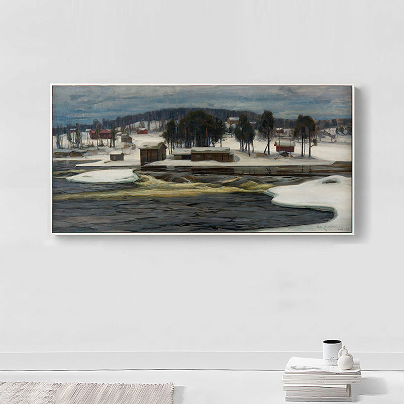 Textured Riverside Forest Landscape Art Canvas Modern Style Wall Print for Guest Room