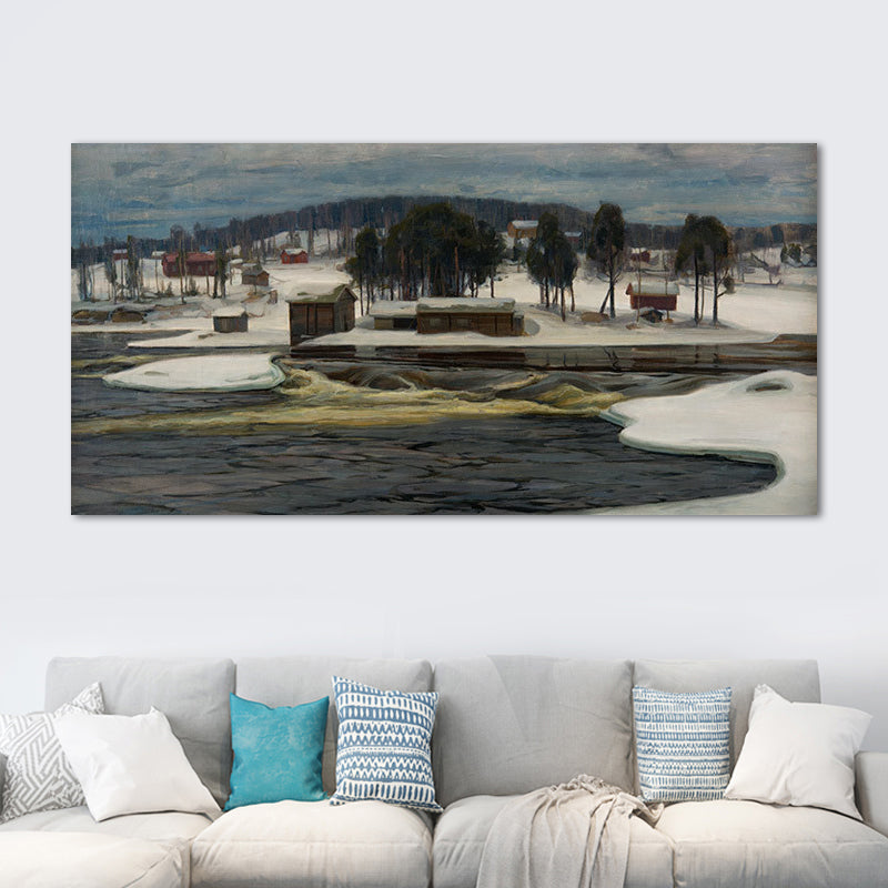 Textured Riverside Forest Landscape Art Canvas Modern Style Wall Print for Guest Room