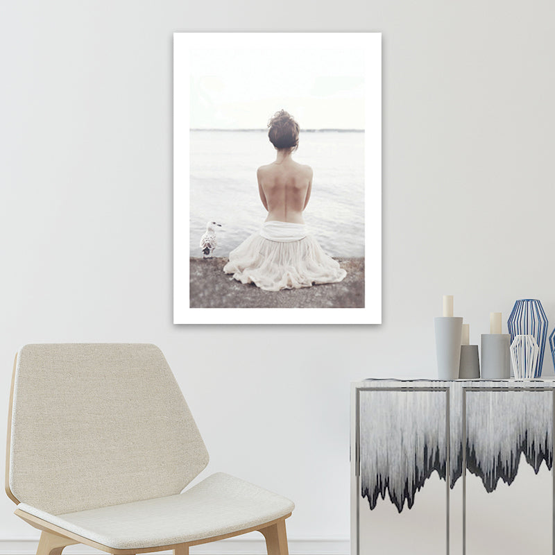 Canvas White Art Print Modern Morning River Scenery with Girls Back Wall Decor for Home