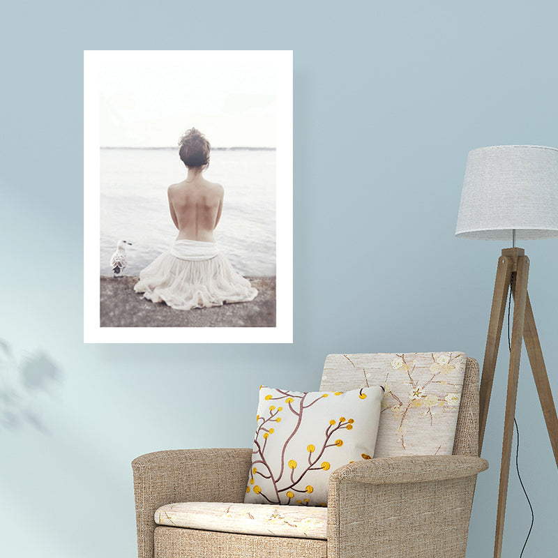 Canvas White Art Print Modern Morning River Scenery with Girls Back Wall Decor for Home