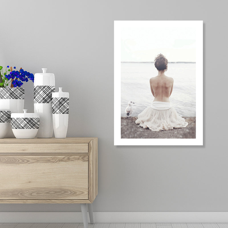 Canvas White Art Print Modern Morning River Scenery with Girls Back Wall Decor for Home