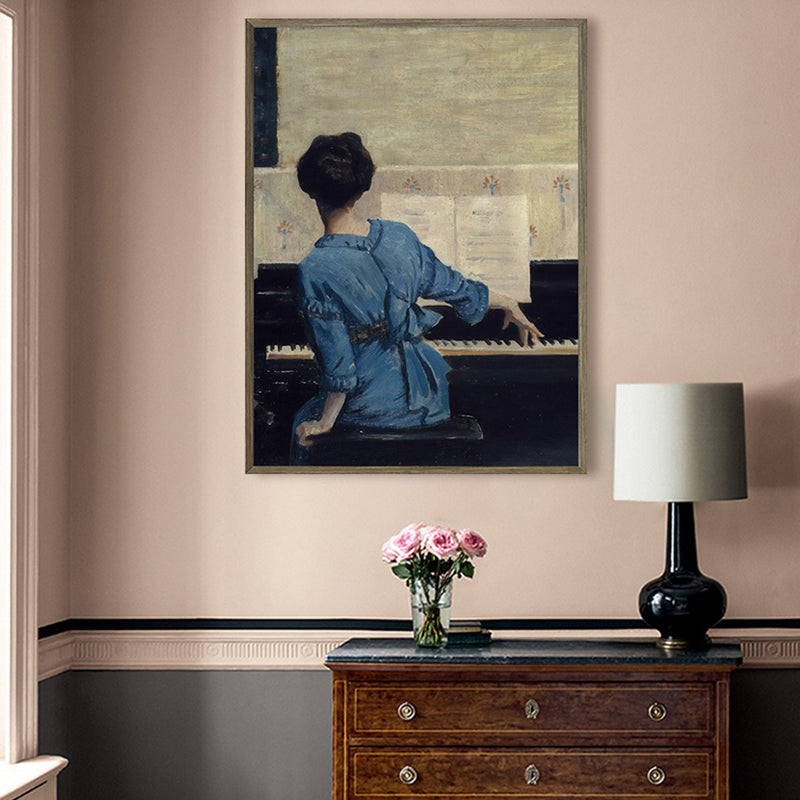 Sitting Girl and Piano Painting Vintage Style Canvas Textured Wall Decor in Blue