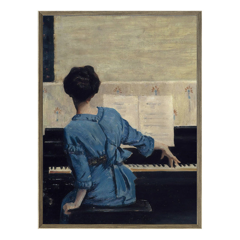 Sitting Girl and Piano Painting Vintage Style Canvas Textured Wall Decor in Blue