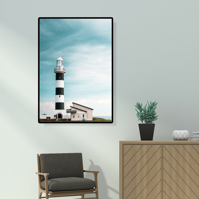 Lighthouse and Sky View Canvas Contemporary Textured Wall Art Print in Blue and White