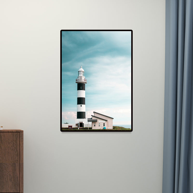 Lighthouse and Sky View Canvas Contemporary Textured Wall Art Print in Blue and White