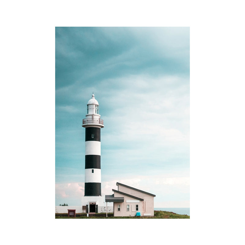 Lighthouse and Sky View Canvas Contemporary Textured Wall Art Print in Blue and White