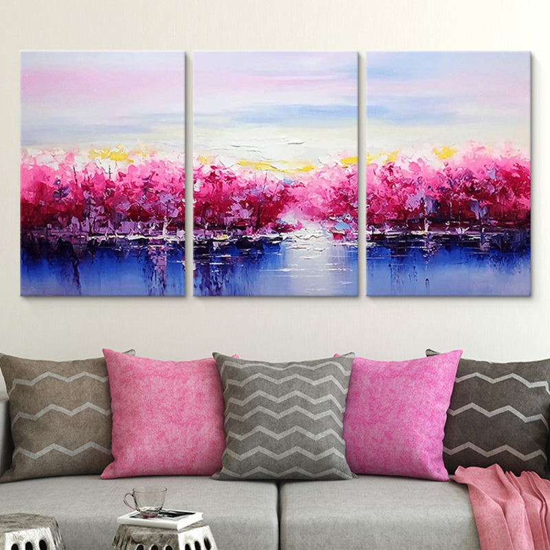 Beautiful Riverside Blossom Trees Canvas for Living Room Scenery Wall Art Decor in Pink