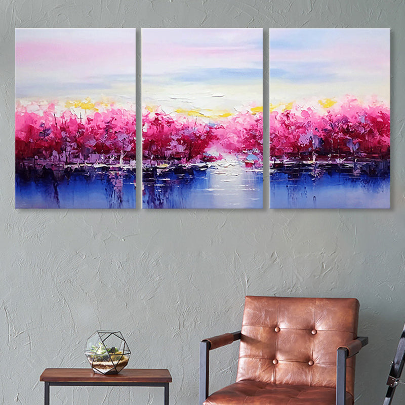 Beautiful Riverside Blossom Trees Canvas for Living Room Scenery Wall Art Decor in Pink