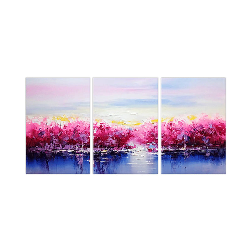 Beautiful Riverside Blossom Trees Canvas for Living Room Scenery Wall Art Decor in Pink