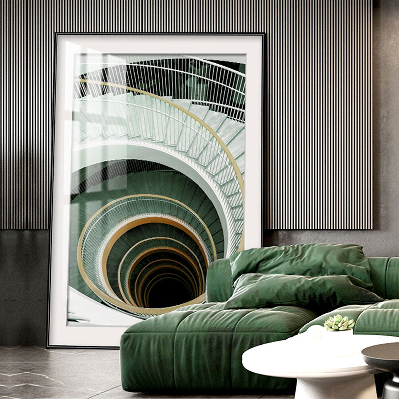 Green Modern Art Print Unique Swirling Staircase Wrapped Canvas for Sitting Room