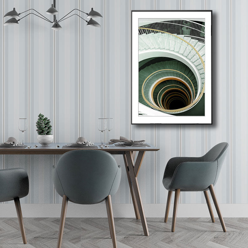 Green Modern Art Print Unique Swirling Staircase Wrapped Canvas for Sitting Room