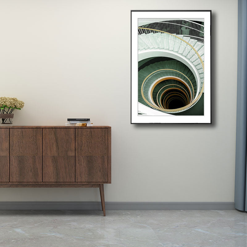 Green Modern Art Print Unique Swirling Staircase Wrapped Canvas for Sitting Room