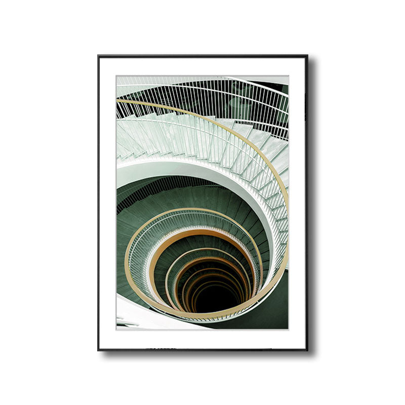 Green Modern Art Print Unique Swirling Staircase Wrapped Canvas for Sitting Room