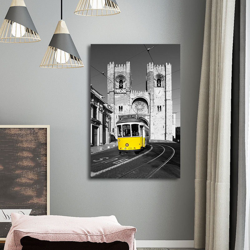 City Traffic View Art Print Yellow and Grey Canvas Wall Decor for Home, Textured