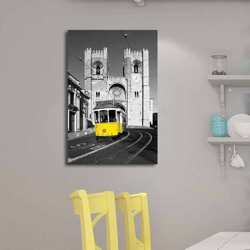 City Traffic View Art Print Yellow and Grey Canvas Wall Decor for Home, Textured