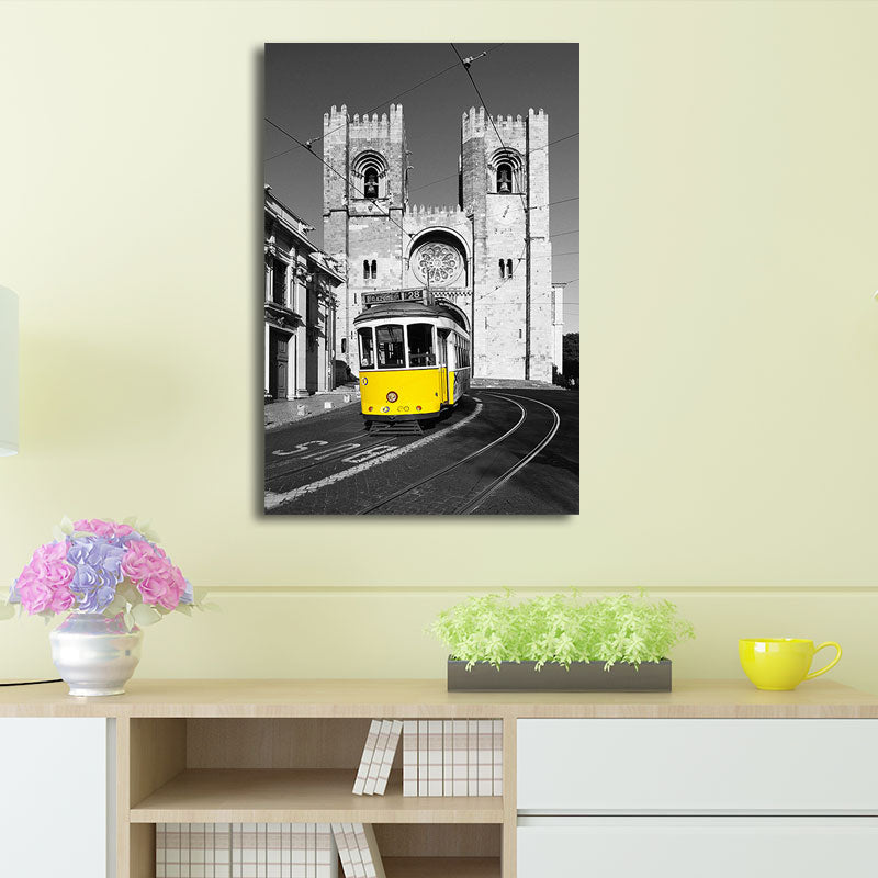 City Traffic View Art Print Yellow and Grey Canvas Wall Decor for Home, Textured