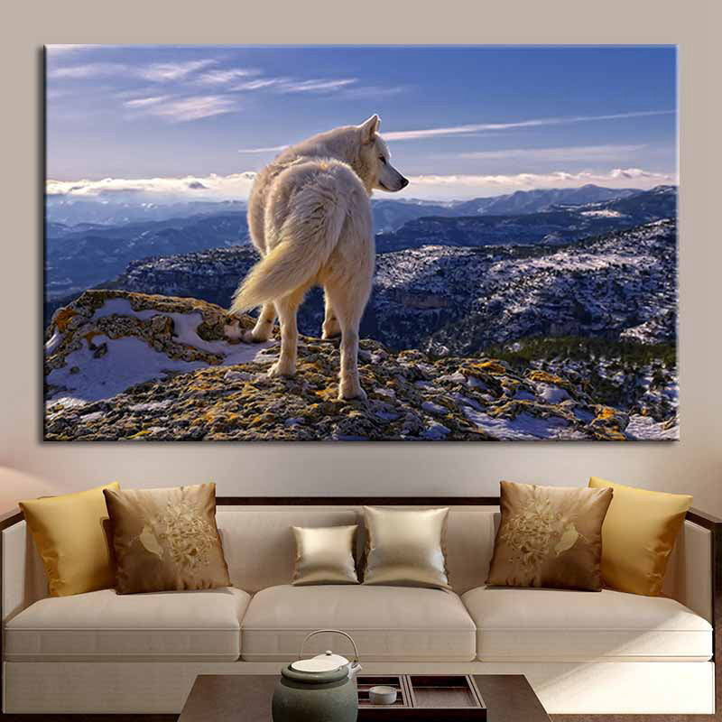 Modern Mountain Landscape Canvas in Blue Wild Wolf on the Cliff Wall Art for Room