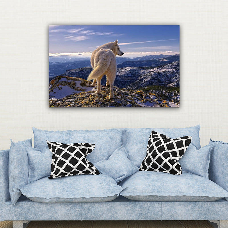 Modern Mountain Landscape Canvas in Blue Wild Wolf on the Cliff Wall Art for Room