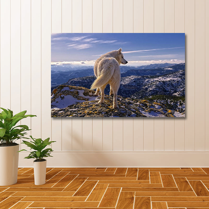 Modern Mountain Landscape Canvas in Blue Wild Wolf on the Cliff Wall Art for Room