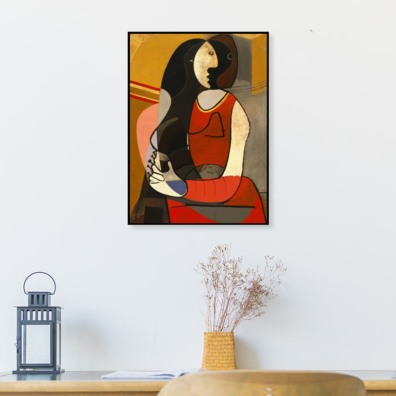 Picasso Style Seated Woman Painting Traditional Canvas Wall Art in Red and Black