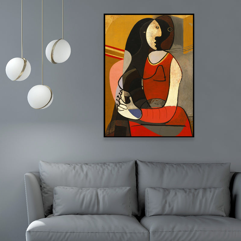 Picasso Style Seated Woman Painting Traditional Canvas Wall Art in Red and Black