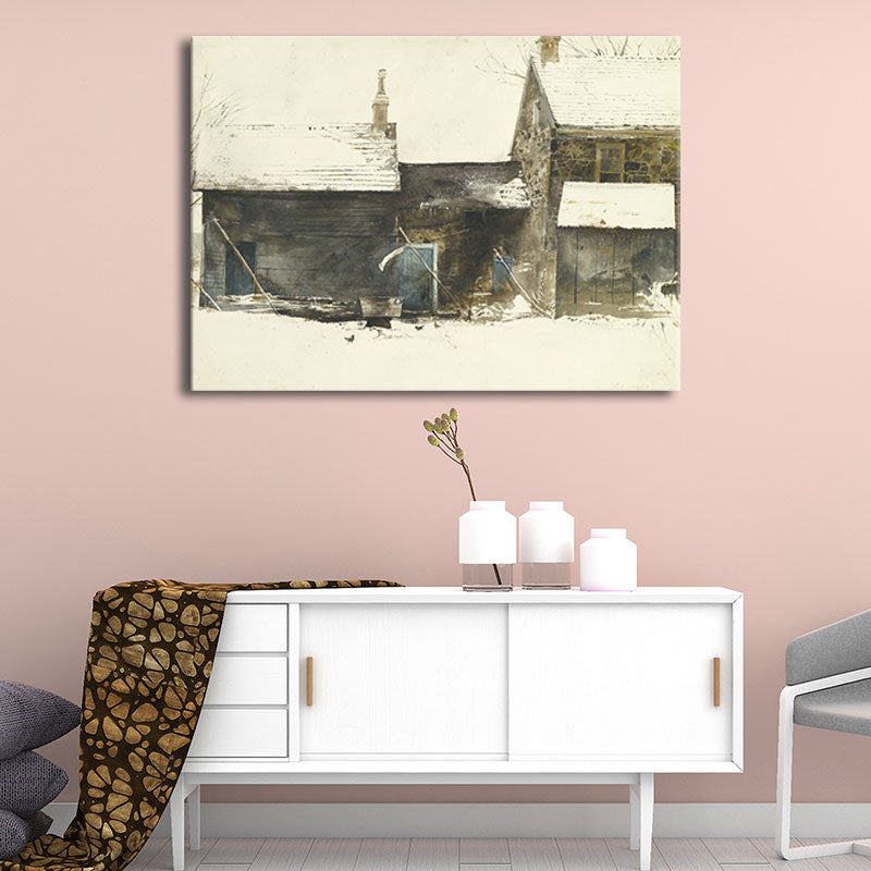 Country Snowy Houses Painting Canvas Textured Dark Color Wall Art for Bedroom